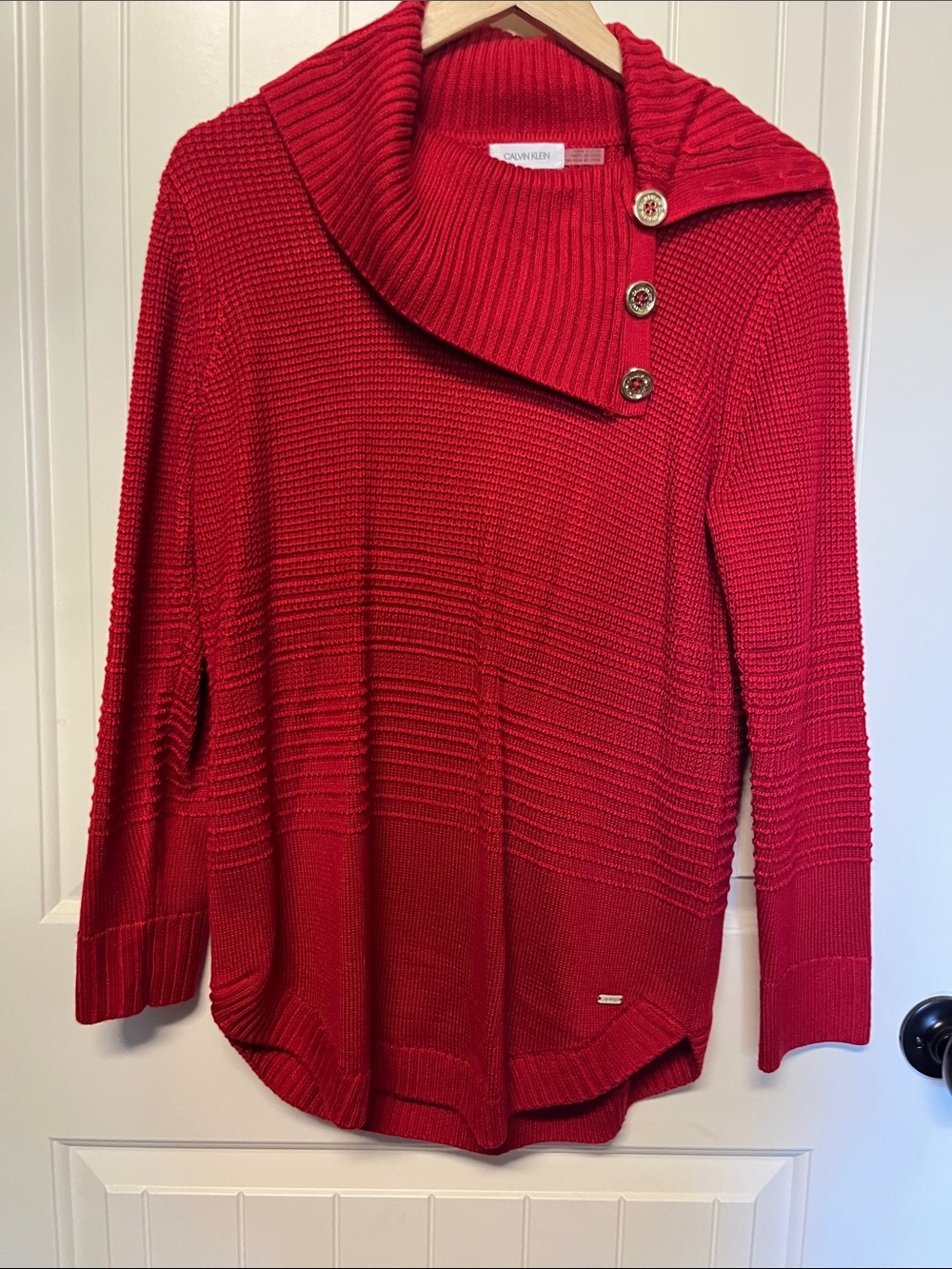 Calvin Klein Red Ribbed Button-Detail Cowl Neck Sweater